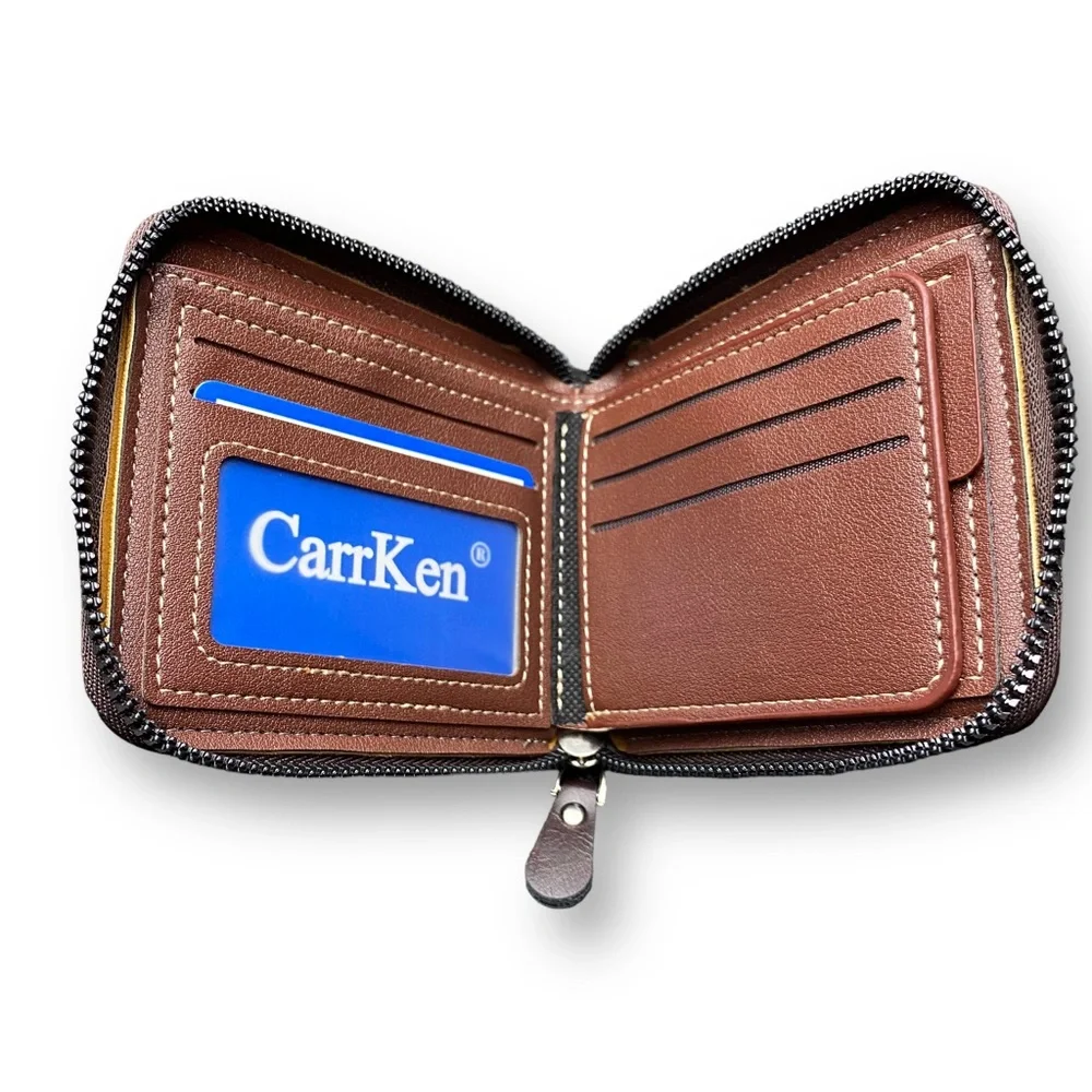 Carrken Style Leather Men's Brown Bifold Zipped Around wallet